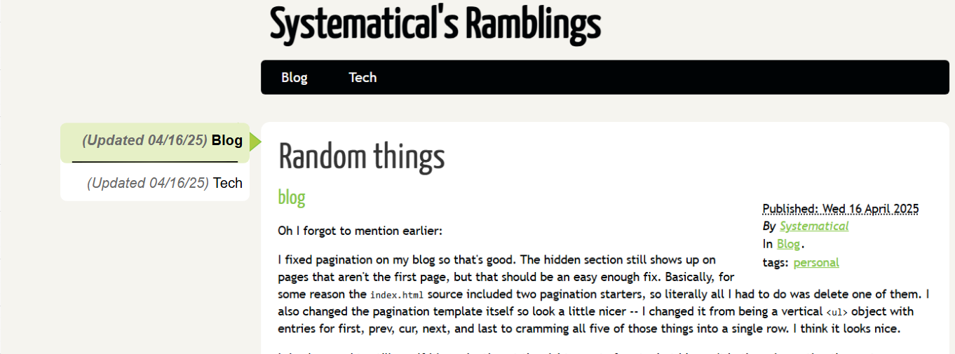 A post from this blog. A small sub-menu floats to the left of the post, with the entry "Blog" highlighted. Below it is the entry "Tech". Both entries have an 'updated on' date.