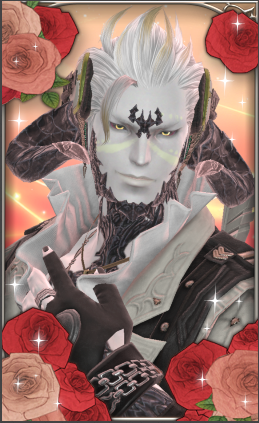 Glit the Au Ra posing with roses in a rectangular portrait.