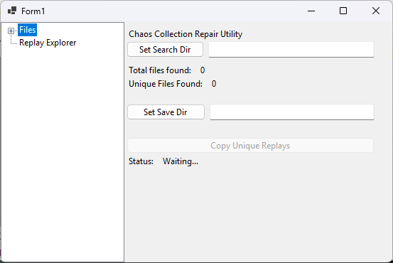 A screenshot of a program window. It has fields for an input directory and an output directory, statistics on the number of replay files found and the number of unique replay files found, and a button to start the copy method.