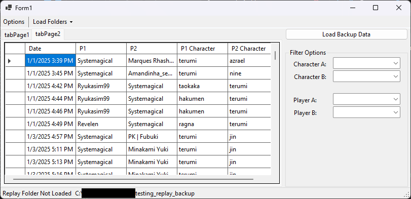 A screenshot of a program window. It has two halves. The left half lists a bunch of replay information, such as the date of the match and the characters the two players were playing. The left half has the beginnings of a filtering system based on player name and player character.